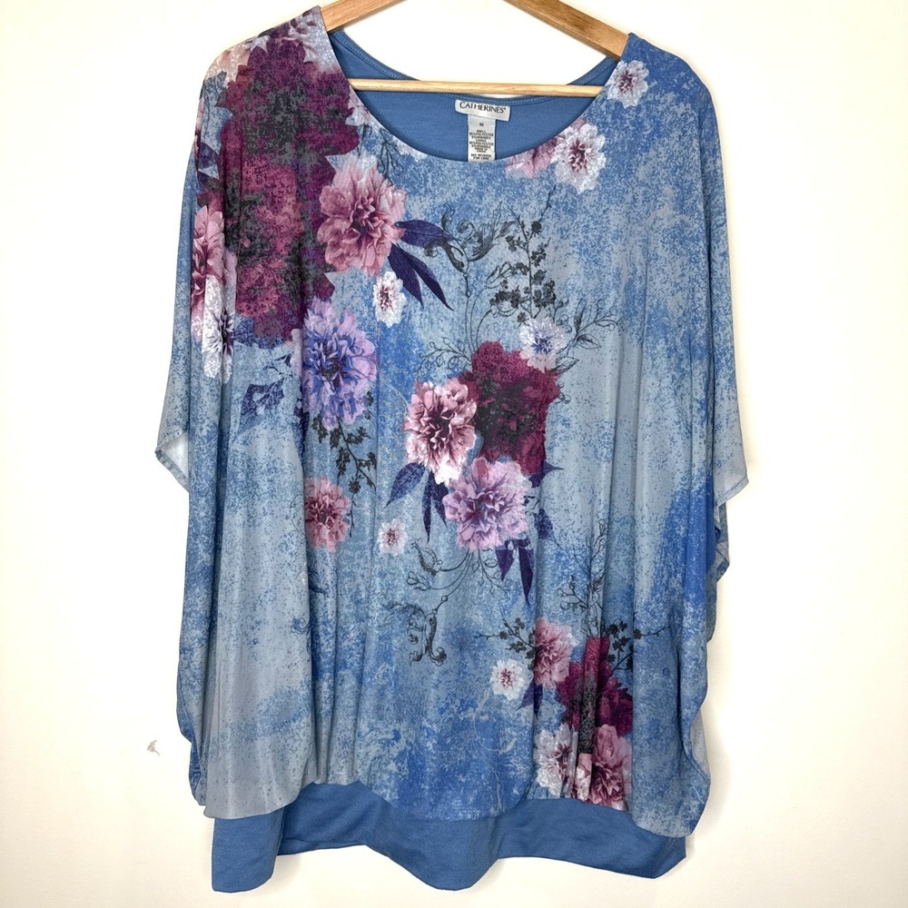 Catherines Floral Sheer Layered Tunic Top Womens 1X 18/20W Blue Banded‎ Kimono